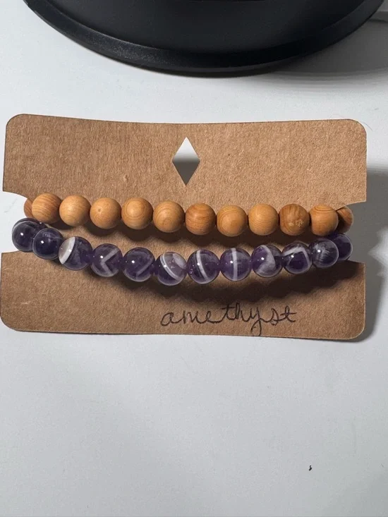 Wood & Purple Beaded Bracelet Set with Silver Charm - Picture 2 of 2